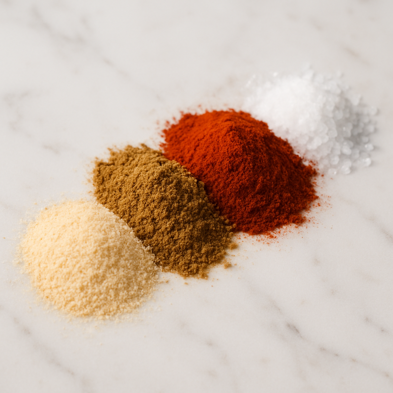 Ajo en polvo, comino, pimenton ahumado, sal
