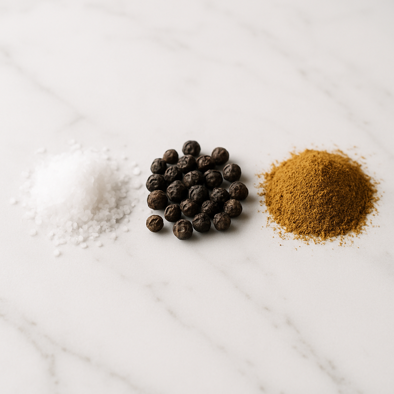 Sal, pimienta negra, comino