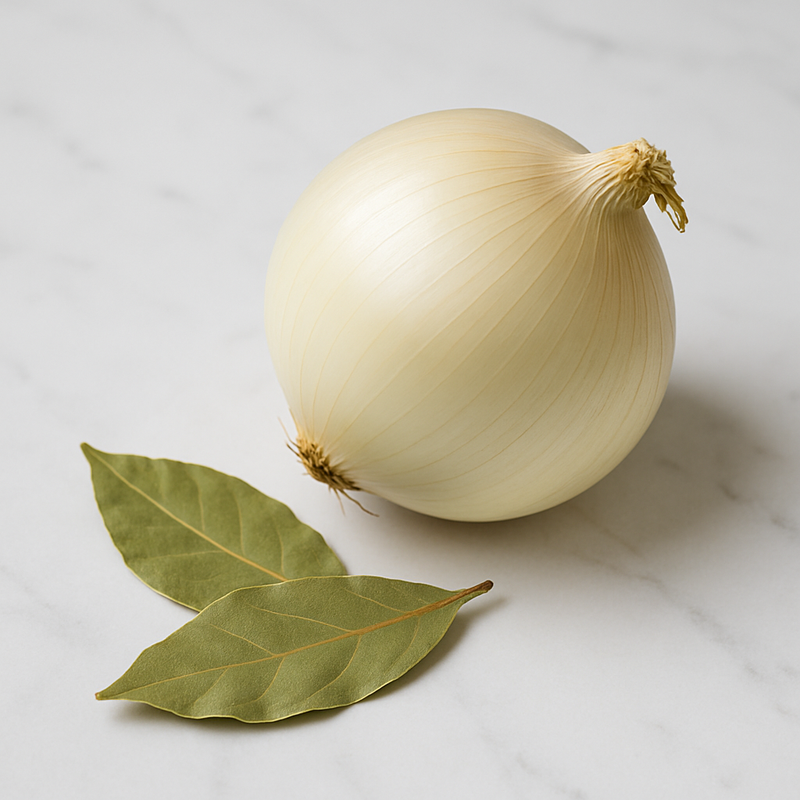 Cebolla blanca y laurel para cocción