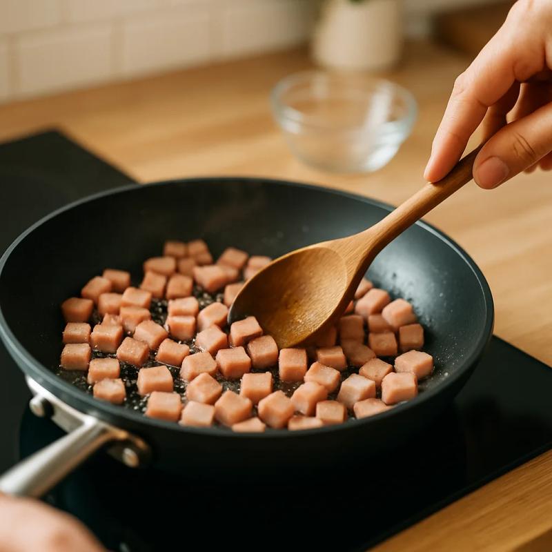 Paso 5 de Huevos Motuleños con Jamón